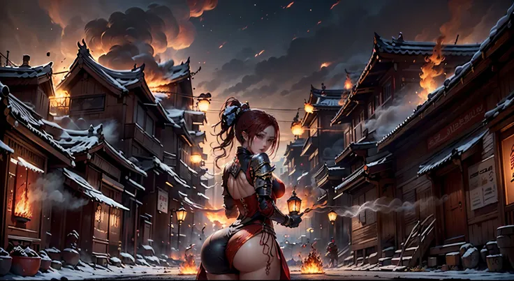 Shoot from behind，((epic work，Character centered，a girl，unique，night，girl in flames，Ancient battlefield of China，wearing armor，Girl with high ponytail holding red flag，bodies everywhere，Rich scene details，Smoke was everywhere，Beacon fire，In the distance is...