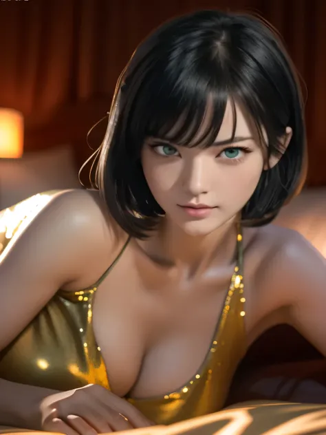 Asian woman lying on the bed wearing a gold dress, 8K sensual lighting, seductive anime girl, Photorealistic anime girl rendering, 8K Art Germ Bokeh, Akihiko Yoshida. unreal engine, realistic 3d animation, [ 4K photorealism ]!!, hyper realistic anime, Smoo...