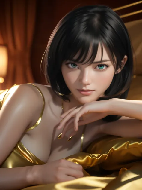 An arafe Asian woman wearing a gold dress lying on the bed, 8K sensual lighting, seductive anime girl, Photorealistic anime girl rendering, 8K Art Germ Bokeh, Akihiko Yoshida. unreal engine, realistic 3d animation, [ 4K photorealism ]!!, hyper realistic an...