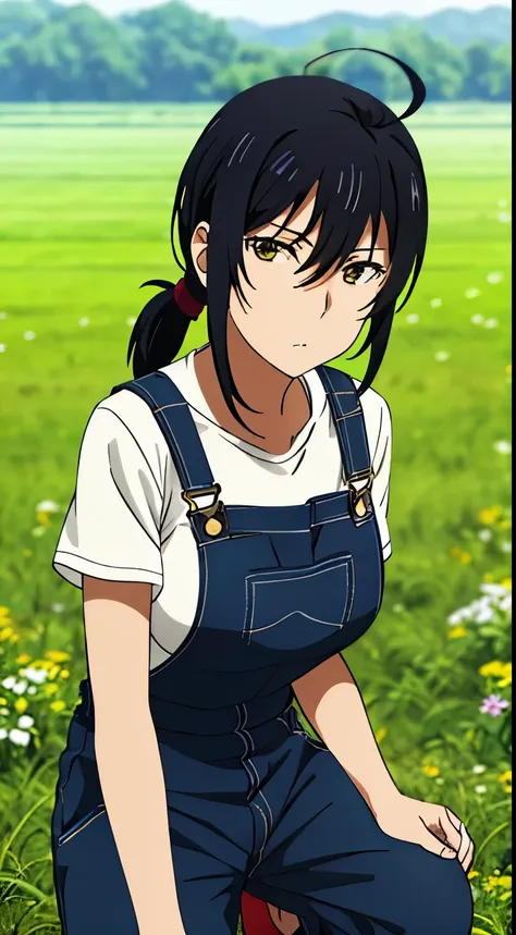 and,1 girl, 一with people, portrait, (big breasts), no expression, long hair, ahoge, ((overalls,ponytail,field)),stylish pose, pe...