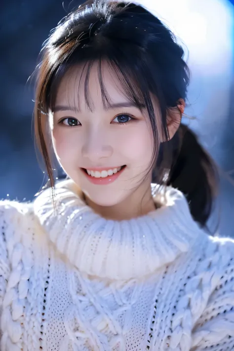 ((masterpiece)), ((highest quality)), (Super detailed), ((very detailed)), 4k, (8K), highest quality, (beautiful), night, pretty girl, 1 girl, alone, sweater, beautiful black hair, beautiful black eyes, ((beautiful eyes)), ponytail, smile, snow effect