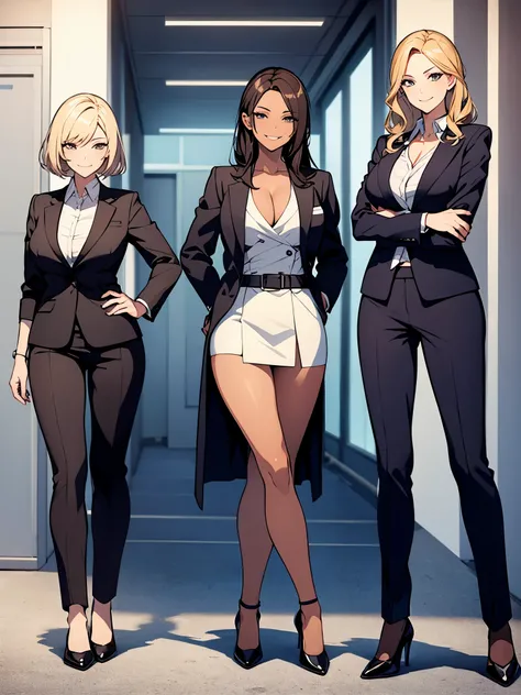 three sexy women in businesswomen outfits with flirtatious smiles, full body