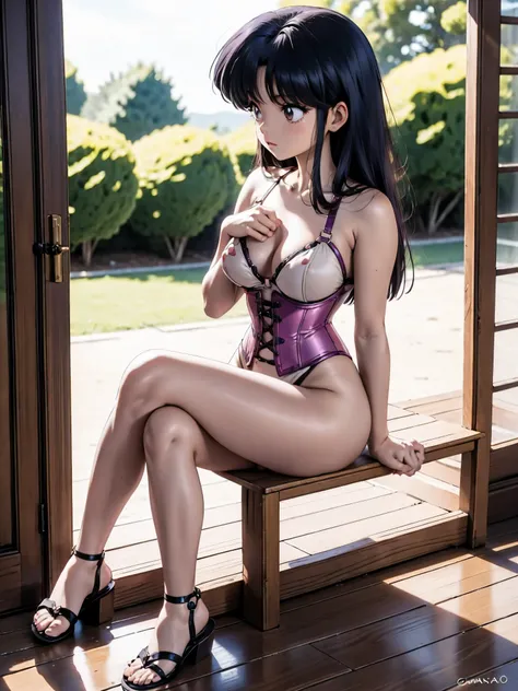 Dark-haired anime girl in pink swimsuit and corset, 16 anos, corpo bonito, seios grandes, com as hands on chest, hands on chest, Garota sensual, purple cabelo, mechas de cabelo laterais, mechas de cabelo na lateral do rosto, beautiful lighting, sombras sua...