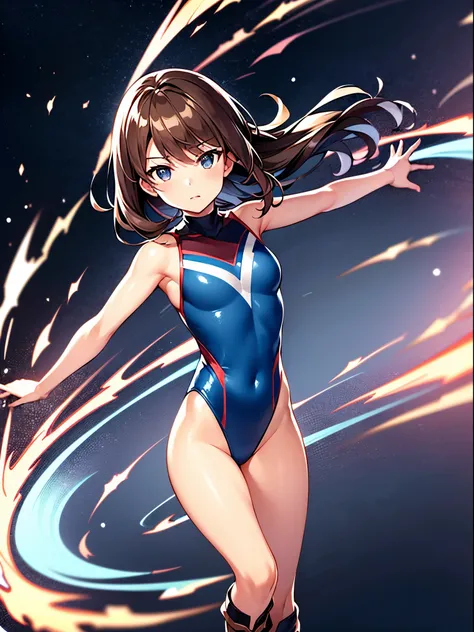 masterpiece, best quality, 1girl, superhero, gymnast_outfit leotard, bare legs, knee boots, matching boots, heroic, standing, body infused with energy, light particles, solo, single, cowboy shot, perfect anatomy, brown hair, beautiful detailed eyes, spread...