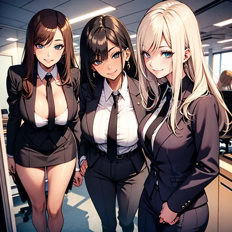 three sexy women in office outfits, flirtatious smiles