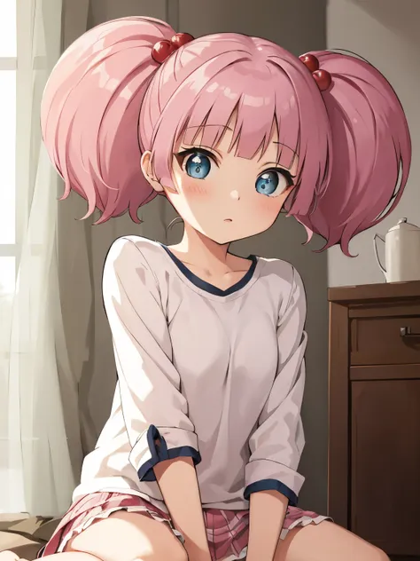 masterpiece, highest quality, very detailed, girl,twin tails, pink hair, hair ornaments,hair bobble, blue eyes,indoors,pussy