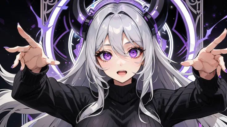 (1 female, long gray hair, big breasts,black sweater,purple eyes, shine, shine eyes, extra eyes, horror (theme), Happy) (Digital) (swirl,Mottled pattern,multiple eyes,tarot cards), highest quality, insane