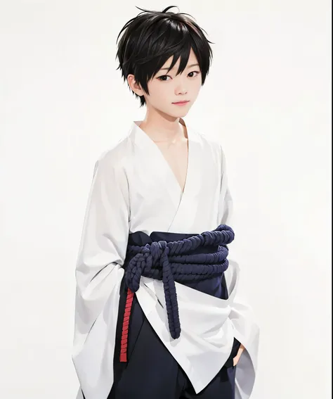 man wearing white kimono、captivating anime boy、solo、high resolution commission、boy with short black hair、boy with short black ha...