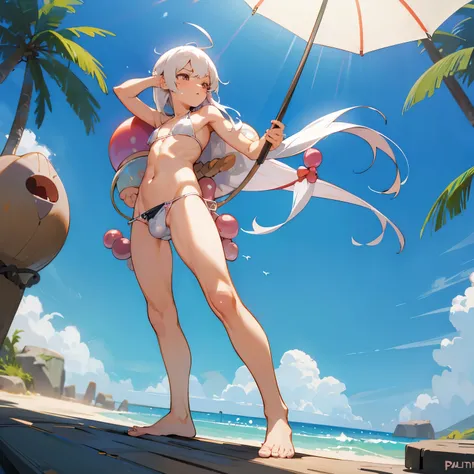 shota, shotacon, bikini visible, de pie, bulto, bulto en pantis, cabello rubio, cabello largo, bulto de pene en bikini, bolas marcadas, testiculos grandes, Erection