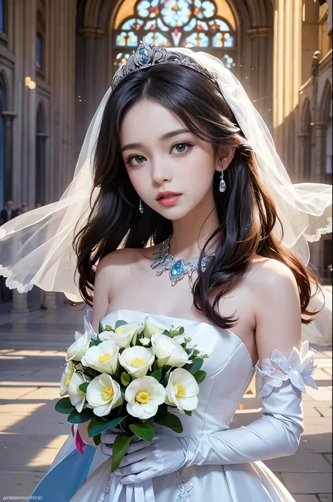 best quality, masterpiece, There&#39;s only one woman, yak, cute teen, shiny lips, sweet, sun glare, Conservative attire, wedding dress, bouquet, white gloves, bridal tiara, depth of field, blurred background, Cathedral Background, light particles, strong ...