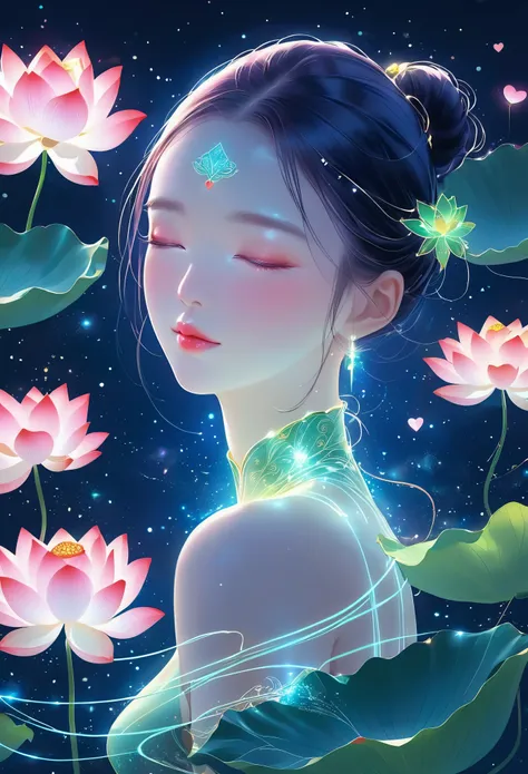 (masterpiece, best quality:1.2), In digital art style, charming illustration,Beauty and lotus，alone，body glow，Glowing lines，fluorescence,glow example，Example tracking，flash，萤light particles，Backlight，Translucent，light particles，Chinese Valentine&#39;s Day，...