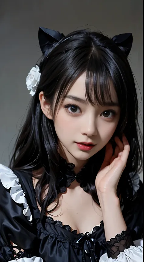 top-quality　​masterpiece　8K  ultra-detailed face　One woman wearing colorful Gothic Lolita　Full body photo　kawaii pose　Sexy Pictures　Focus on the face　Close-range photography　profetional lighting　Vibrant photo　Happy expression　Sullen expression　Ecstatic loo...