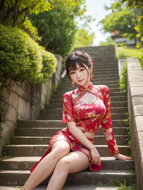 China dress, stage, Mountain, outdoor, (8K, Raw photo, highest quality, masterpiece:1.2), (realistic, photo-realistic:1.4), (extremely detailed 8K wallpaper),Beautiful Japanese idol 20 year old woman photo.