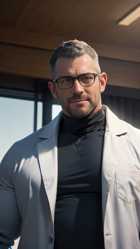 An award-winning original photo，A wild muscular man, (40 years old daddy:1.1), 1boy, Solo, doctor, (white lab coat, blue turtleneck shirt, Stethoscope), black with gray hair, (big shoulder), musculature, stubbles, Short beard, wearing glasses, smiles, Dyna...