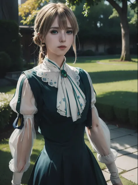 violet_evergarden,  green_eye, blonde hair, (realism:1.2), (masterpiece:1.2), (highest quality), (super detailed), (8K, Complex), (85mm), particles of light, lit, (very detailed:1.2), (Gradation), colorful, dawn,