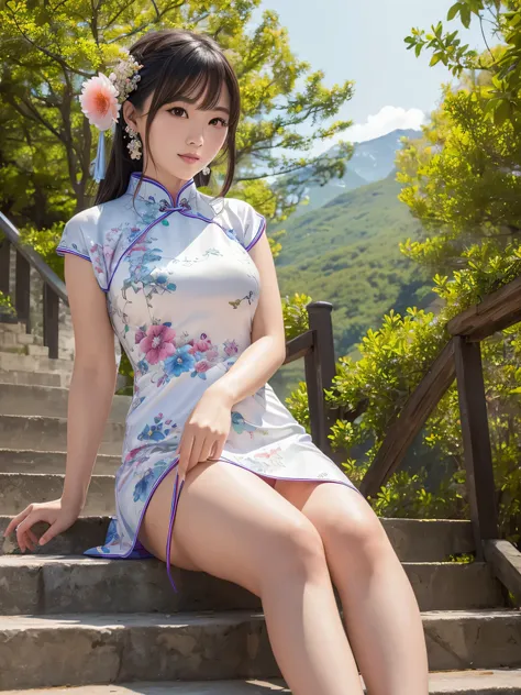 China dress, stage, Mountain, outdoor, (8K, Raw photo, highest quality, masterpiece:1.2), (realistic, photo-realistic:1.4), (extremely detailed 8K wallpaper),Beautiful Japanese idol 20 year old woman photo.