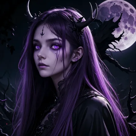 dark, unholy, evil, astral, creepy style, undead, rotting skin, mystical, nice perfect face with soft skin, young beautiful girl portrait, big purple moon, night, long hair, antlers, purple eyes, from side, light purple glow