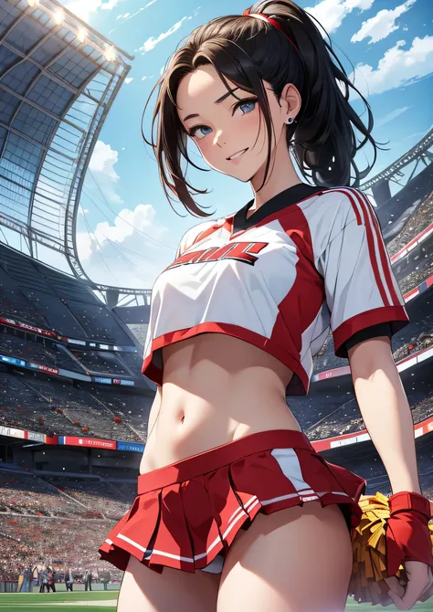 1 girl, Japanese, 14 years old, white skin, Medium chest, underboob, look at the scenery, (adorable smile:1.5), 
fine and beautiful eyes, wink, (middle hair:1.4, slicked back hair, sport ponytail:1.7), (belly button:1.1), brown hair, beautiful clavicle,
(C...