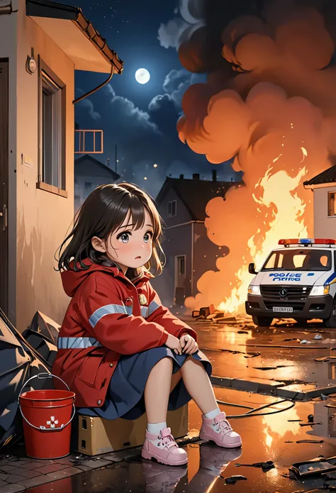 ((A little girl sitting on the street feeling cold and crying, Tearful eyes, sad cute face 🥺 )), background ((Burnt apartment and ambulance, p((They turned around and put out the fire with buckets, night, police light, Thick smoke billows from outside the ...