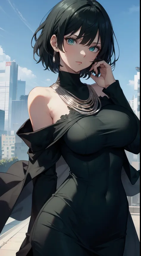 fubuki, fubuki, black hair, (green eyes:1.2), （off shoulder outfit:1.5)short hair,big breasts，（cleavage:1.2)，
break black dress,...