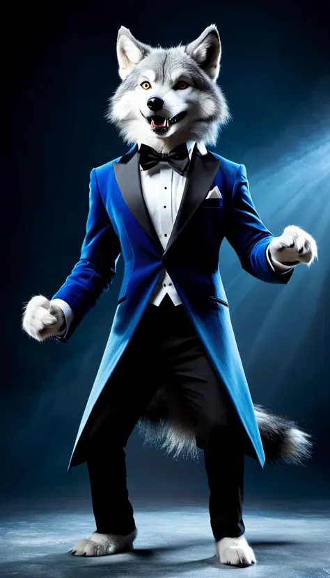 elegant and dynamic dance postures and meticulous expressions, anthropomorphic furry wolf wearing tuxedo, silver gray and dark b...