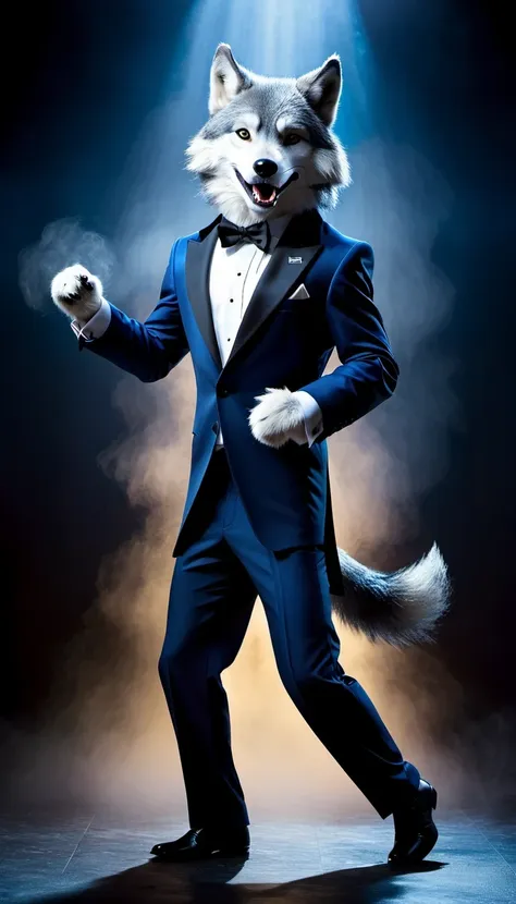 elegant and dynamic dance postures and meticulous expressions, anthropomorphic furry wolf wearing tuxedo, silver gray and dark b...