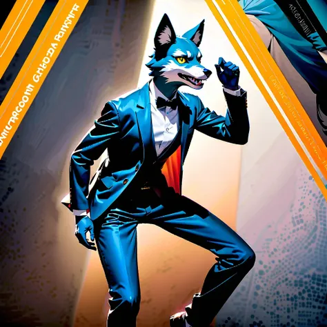 elegant and dynamic dance postures and meticulous expressions, anthropomorphic furry wolf wearing tuxedo, silver gray and dark b...