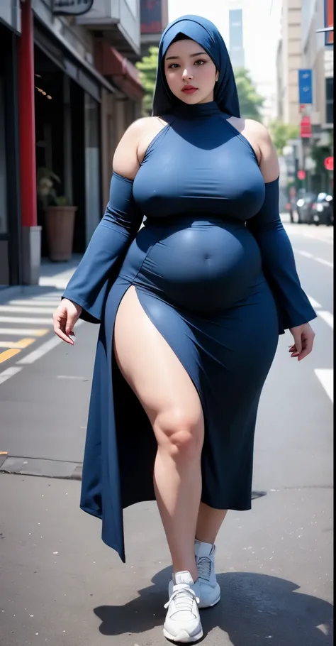 ((best quality)), ((masterpiece)), (detailed), perfect face, araffe woman in a dark-blue dress walking down a street, thicc, she has a jiggly fat round belly, bbwchan, wearing dress, skinny waist and thick hips, widest hips, her belly is fat and round, sof...