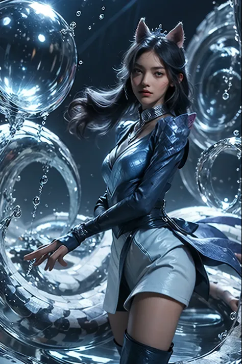 masterpiece, best quality, high resolution, More 1, crown, Sailor Senji, Blue sailor collar, bow, knee high boots, collar, White gloves, blue collar, elbow gloves, jewelry, earrings, blue skirt, Cowboy shooting, sphere, crystal ball, 1girl water yushu wate...