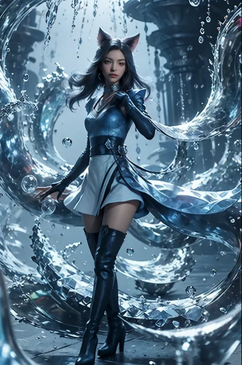 masterpiece, best quality, high resolution, More 1, crown, Sailor Senji, Blue sailor collar, bow, knee high boots, collar, White gloves, blue collar, elbow gloves, jewelry, earrings, blue skirt, Cowboy shooting, sphere, crystal ball, 1girl water yushu wate...