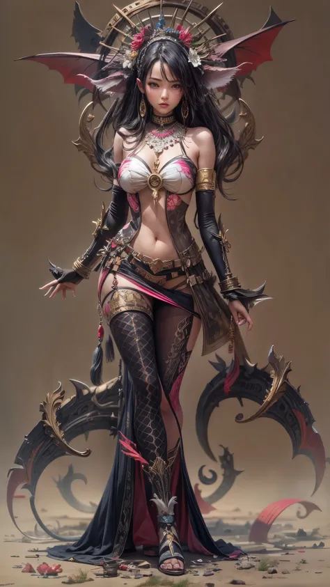 Groundcore, Orientalism ,cute girl,succubus,Sexy Clothes , realistic, Walking in a strutting pose, , , masterpiece, best quality, aesthetic, Create an image using junk art elements, with repurposed materials, found objects, and a sense of resourcefulness a...