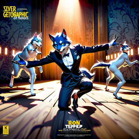 elegant and dynamic dance postures and meticulous expressions, anthropomorphic furry wolf wearing tuxedo, silver gray and dark b...