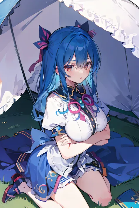 (masterpiece),best quality, expressive eyes, perfect face,sit, sit on ground, legs on the ground, 1girl,
big breasts, H cup, Good breasts, arms crossed, Fair, Gorgeous,japanese manga,girl,Laura,young angel, blue hair, blue haired,tent , tent chest, tent br...