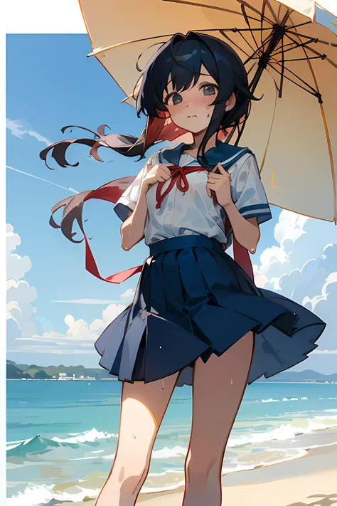 woman、childhood friend、Medium chest、black hair、middle hair、sandy beach、seaside、blue sky、sea breeze、blush、I&#39;It&#39;embarrassing、Y-shirt、high school student、cute、anime style、chest ribbon、bright、wet hair、It&#39;transparent、untied hair、((highest quality))、...