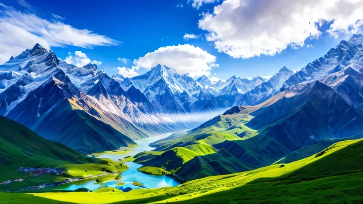 ultra wide angle, Himalayas, natural wonders, blue sky, grow, overwhelming, panorama, (best configuration), (masterpiece), (highest quality), (Ultra high detail), intricate details, texture with intricate details, (highest quality )
