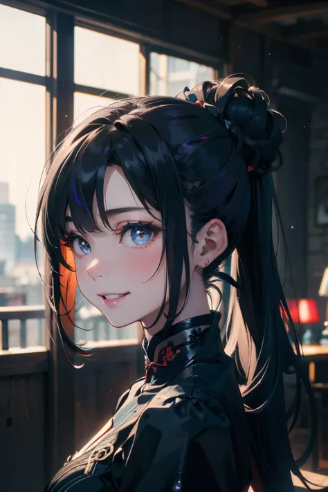 a 20 yo woman、Black blue Hair、poneyTail、Bun hair、Big smile、Iridescent eyes、(hi-top fade:1.3)、dark themed、Muted Tones、Subdued Color、highly contrast、qipao dress、(natural skin textures、Hyper-Realism、Soft light、sharp)