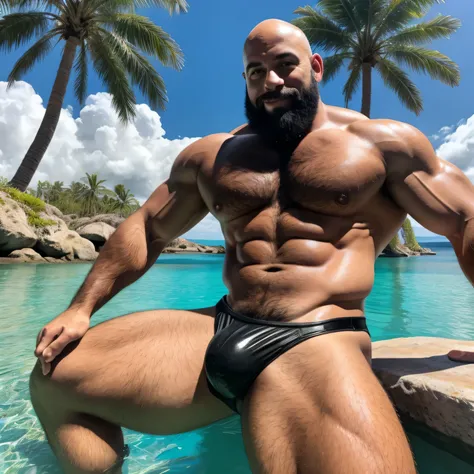 full body view of a very hairy muscular and bald man with a large black beard looking at the camera. he wears a shiny black rubber speedo briefs. he has a peacefull and relaxed face and relaxes next to a blue lagoon with palm trees and large white sleek ro...