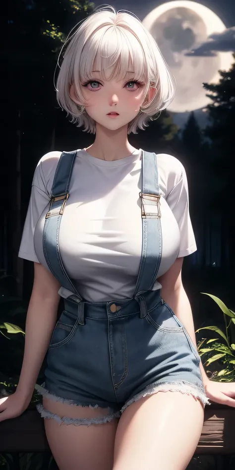 big deal  , white short hair, White T-shirt, work clothes, purple eyes, glowing eyes, open lips, blush, night, forest, moon, moonlight