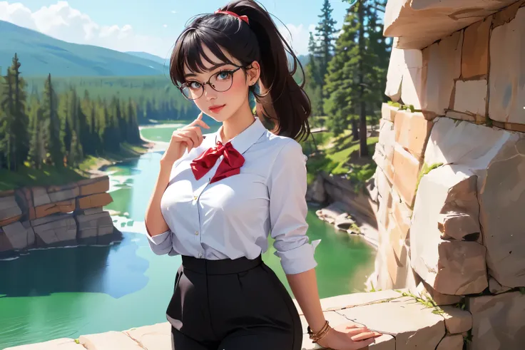 ((Wide angle)) Beautiful female tourist, black hair, ponytail, bangs, large glasses, smirk, ((wearing a preppy style outfit)), morning light, Athabasca Falls