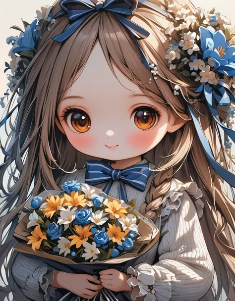 (masterpiece), (best quality),1girl, bangs, blue_bow, blue_bowtie, blue_flower, blue_ribbon, bouquet, bow, closed_mouth, eyebrow...