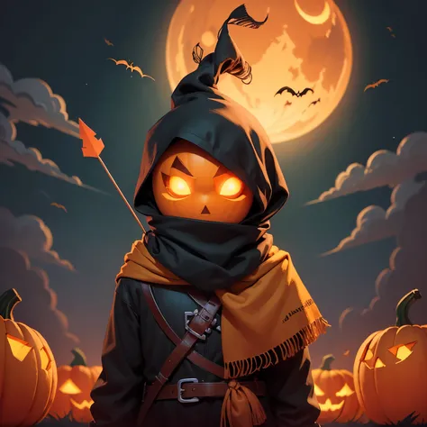 drawing of a cartoon pumpkin with a scarf and an arrow through its pumpkin head, pumpkin head, scared explorer countenance, cute, autumn mood, halloween art style, in halloween style, colorful drawing, dark and mysterious character, inspired by Niko Henric...