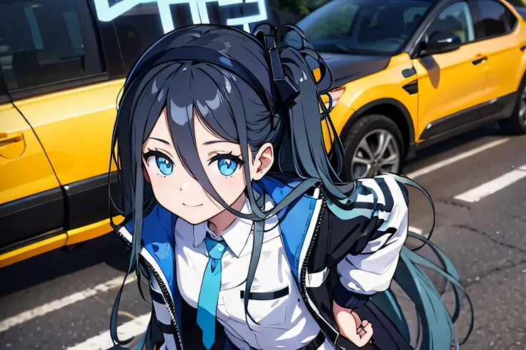 alice def, (very long hair:1.1), look up, put your hand on your waist, From above, smug, street, masterpiece, highest quality, High resolution, nice hands, perfect hands