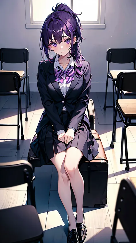 masterpiece，high quality，1 girl，purple hair，medium chest，high ponytail，messy hair，student，bow tie，long skirt，black clothes，bare legs，black leather shoes，in empty classroom，depressed，beautiful，charming