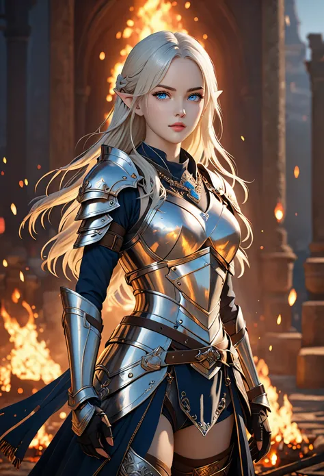 masterpiece, official art, extremely detailed cg unity 8k wallpaper, highly detailed, absurdres, 8k resolution,1girl, solo, long hair, blonde hair, standing, fire, blue eyes, full body, pointy ears, looking at viewer, white hair, jewelry, armor, belt, hold...