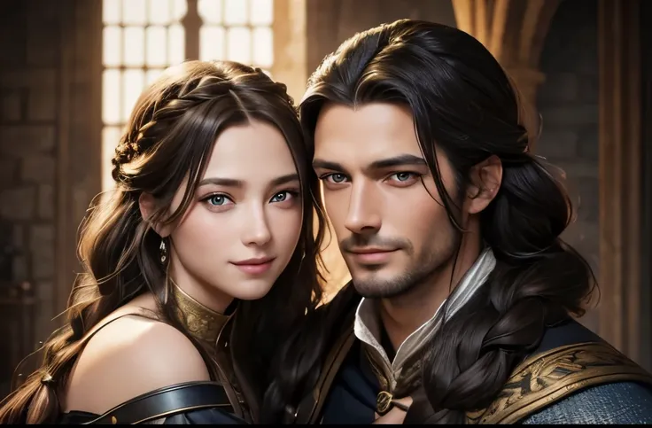 A man with woman cuddling, black shoulder length hair, grey eyes,8K,Extremely handsome,Graphic Artist, 超A high resolution,super realistic skin,Brown braided hair, blue eyes, extremely beautiful,European features, smile expression, medieval outfits,inside t...