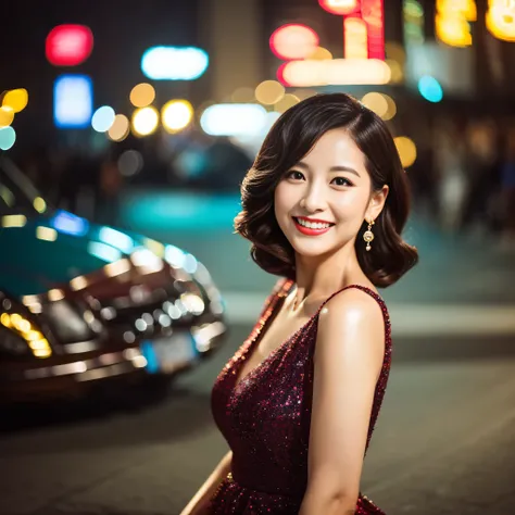 (highest quality、8K、best image quality), The most beautiful and elegant 36 year old woman、(Showa retro scenery:1.1)、(luxurious and classy:1.1)、Elegant and beautiful dresses、smile、lipstick、perfect shiny beautiful lips、the most beautiful and classy hairstyle