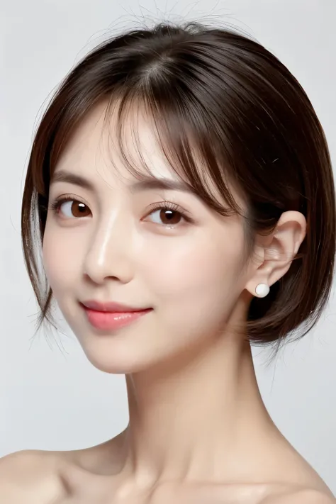 masterpiece, highest quality, High resolution, 1 girl, realistic, white background, closed your mouth, Smile, black hair, short hair, Big eyes, Clear double eyelids, ears are sticking out, Absolute area, 30 years old, attractive proportions, Glossy skin, b...