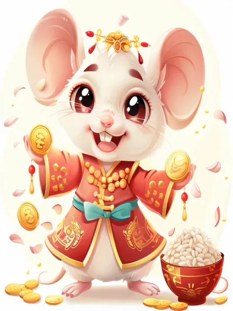 cartoon mouse with chinese dress and gold coins, mouse in clothes, maplestory mouse, anthropomorphic mouse, Lovely and detailed digital art, cute numbers, beautiful mouse - girl, author：Ye Ruian, A beautiful artistic illustration, mouse, Cute cartoon chara...