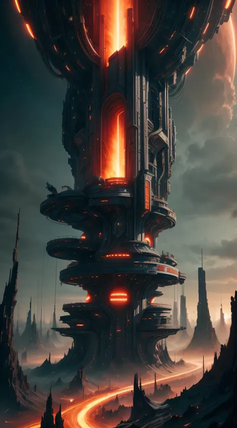 an otherworldly image of the city, a futuristic city,up in the air, a giant high-tech pillar pierces the sky, there are numerous...