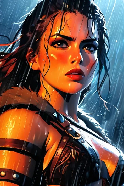 style,Epic illustration of a barbarian warrior woman, standing resolute in the pouring rain,looking at the camera, close up, evoking the grandeur of Gladiator, soaked in blood, undamaged details, while rendering with dynamic lighting, sweeping camera angle...